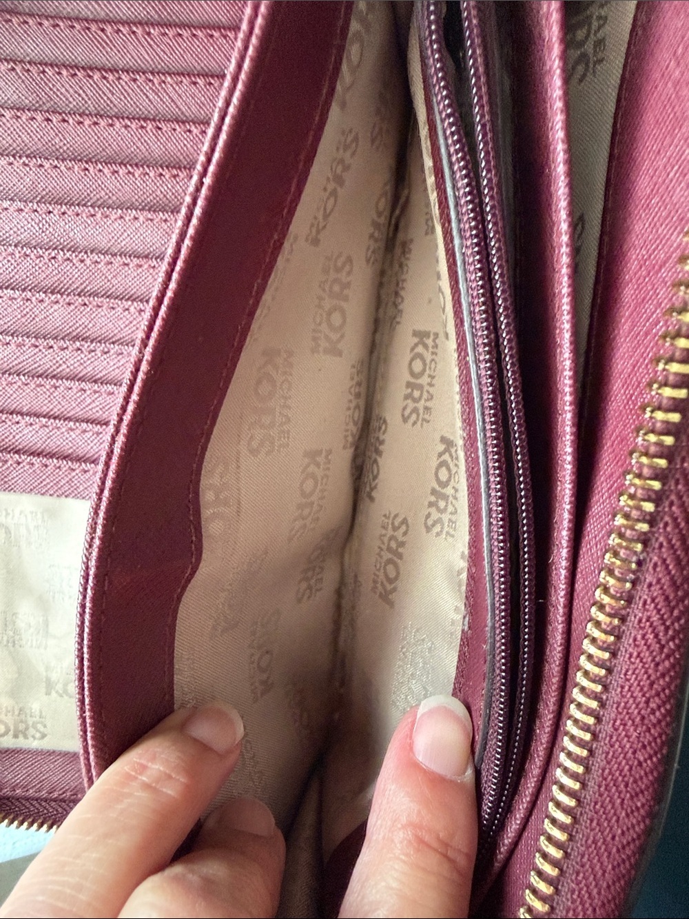 Michael Kors Wine Leather Zip-Around Wallet with Gold Plaque - Picture 10 of 14